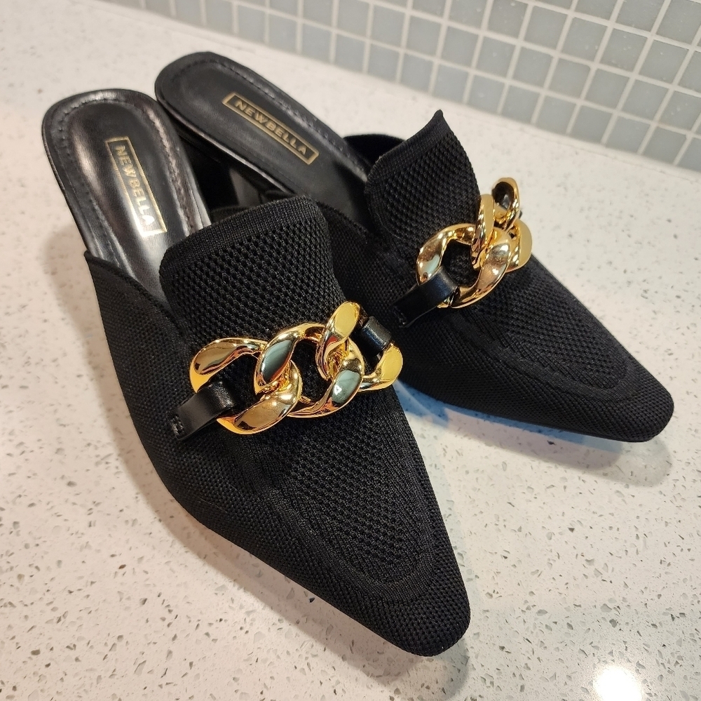 Newbella Black Pointed Slip-On Mules with Gold Chain Accent - Picture 8 of 14